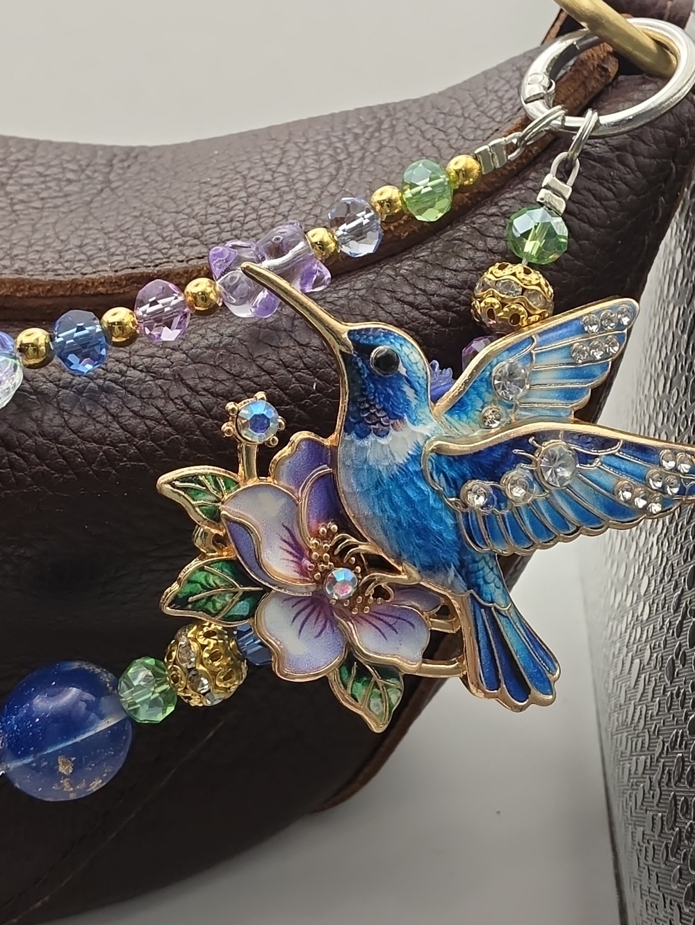 Blue Hummingbird Crystal Charm Purse/Keychain with Flower Accent